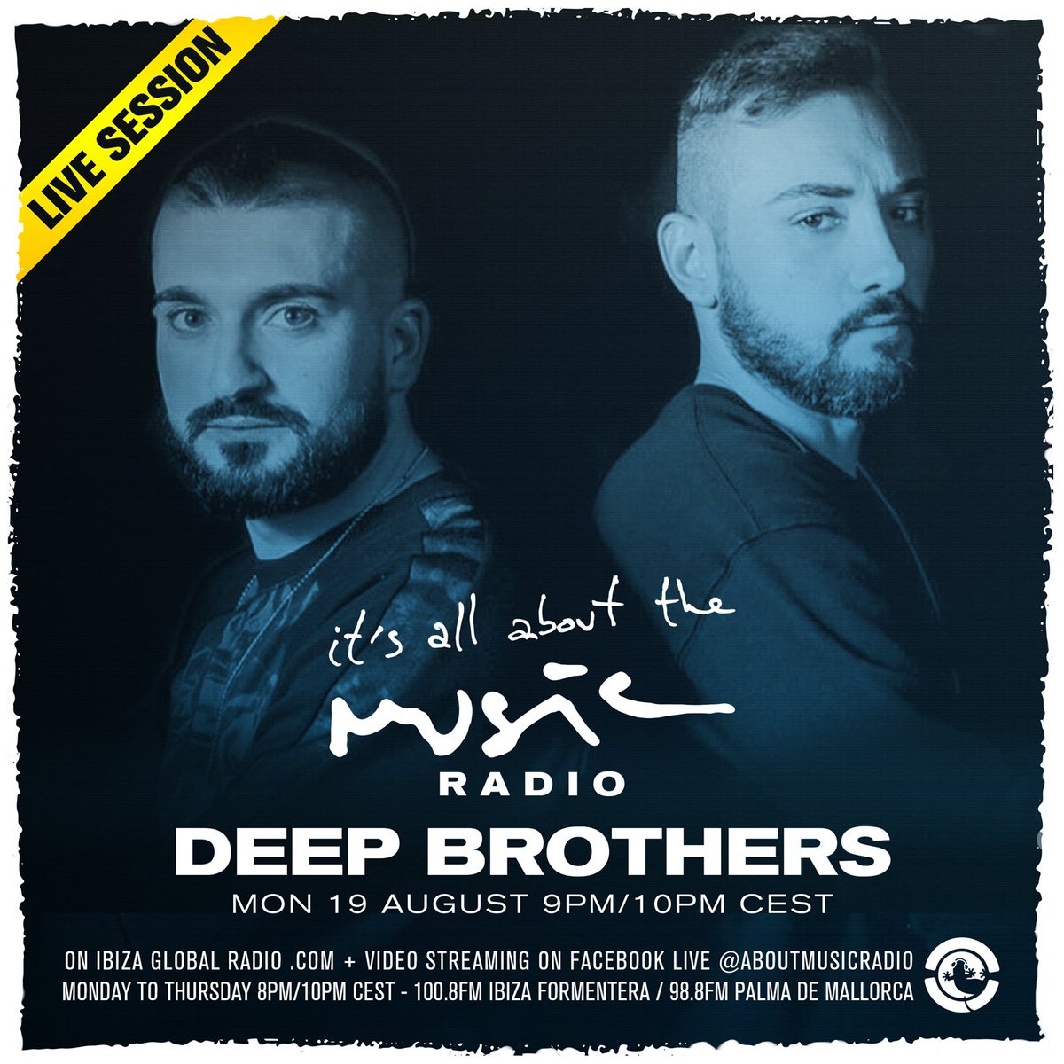 aboutmusicradio's tweet photo. Follow by duo @djDeepBrothers live &amp; direct at 9PM/10PM CEST from &amp; on @ibizaradio! It's all about the Music 🔊🔊⚡️

https://t.co/95KOC1h5pT #webradio
FM100.8 #Ibiza #Formentera
FM98.8 #Palma de #Mallorca
Live: https://t.co/fSYsTZCM54

#itsallaboutthemusic #livestreaming  #Aug19 https://t.co/aUiwfFzIzZ