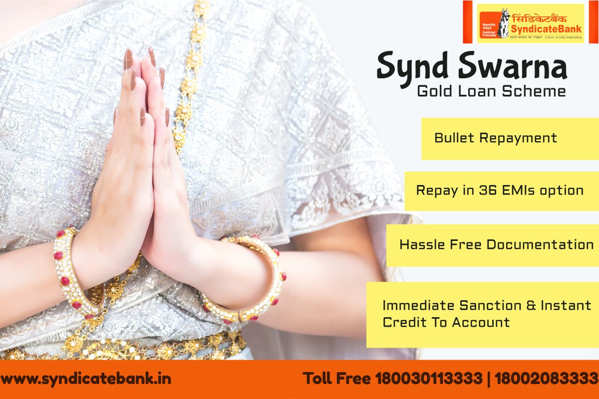 syndicatebank's tweet photo. Smile, Sparkle &amp; Shine
#SyndSwarna
Gold Loan Scheme by #SyndicateBank
#BulletRepayment
#Repayment option of 36EMI
#HassleFreeDocumentation
#ImmediateSanction &amp; instant credit to your account

T&amp;Cs Apply

Know More-
https://t.co/8xb3NnHPD0

Apply Online-
https://t.co/svXqTpqY8P https://t.co/Xq47ayRMuI