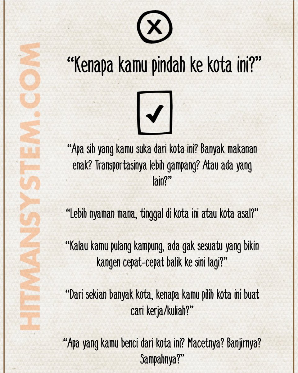 hitmansystem's tweet photo. Hindari ngajuin pertanyaan ala formulir wawancara basi saat PDKT atau kencan. Sebagai gantinya, ajuin pertanyaan menarik yg bisa dibahas panjang seperti di bawah ini.

No more awkward moment karena kehabisan topik di tengah pembicaraan. So, masih bingung mau ngobrol apa?

⬇️⬇️⬇️ https://t.co/JuIu88dxvf