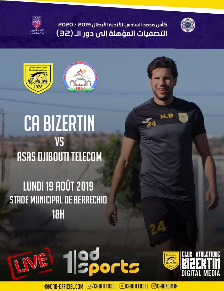 LADCOfficiel's tweet photo. #CoupeArabe #UAFACL : Le Club Athlétique Bizertin débute cet après-midi son aventure arabe au Maroc en ouvrant le bal face aux dijboutiens de ASAS Djibouti Telecom ! Coup d’envoi à 18h🇹🇳(19h🇫🇷),le match sera retransmis sur AD Sports 1.
#Marbou7aInchallah 🖤💛🐬 https://t.co/2rRBu0ItYA