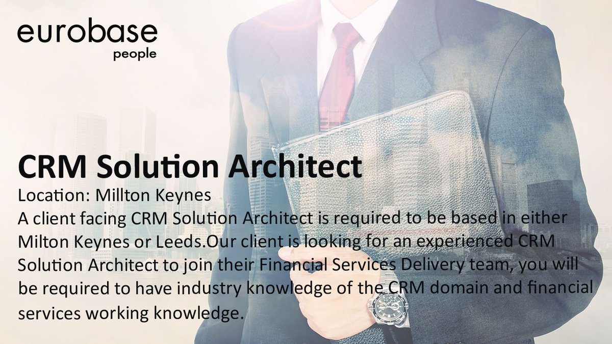 Eurobase_People's tweet photo. Our client is looking for a CRM Solution Architect to join their Financial Services Delivery team based in Milton Keynes or Leeds, contact Paige.Dolan@eurobase.com for more details or apply below:
https://t.co/ZFOQJ9ZUYf
#newjobs #contactustoday #recruitment #crm #architectjobs https://t.co/JDKMyiApk8