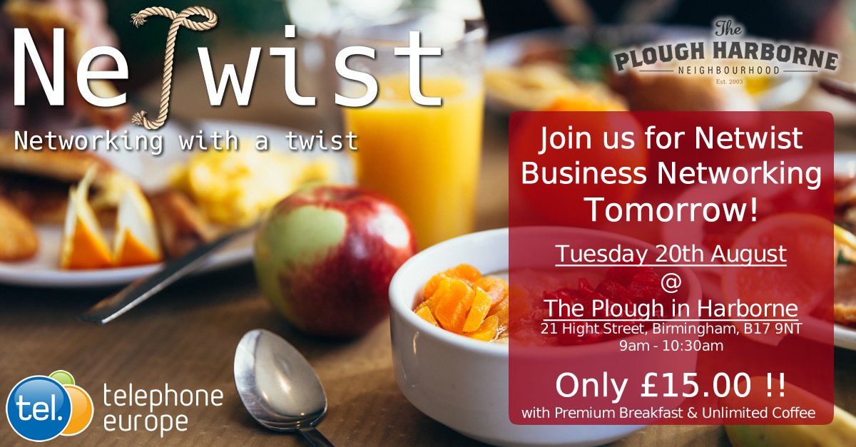 NetwistUK's tweet photo. Join us for #BusinessNetworking tomorrow morning at The Plough in Harborne. Book on using the link: https://t.co/C1pGXJD14I

#Breakfast #Meeting #Networking #Birmingham https://t.co/e07d81Toy8