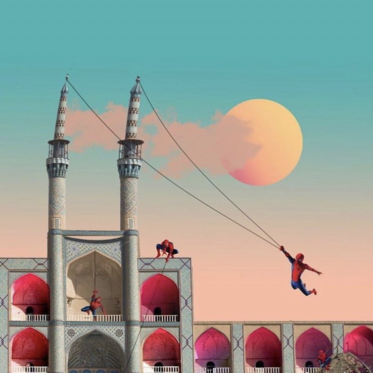 Iran_Style's tweet photo. #Spiderman’s various tactics to conquer the historic #AmirChakhmaq mosque & complex in #Yazd! Image via #TheTehranTimes. #architecture #art #IranArt #PopArt #travel #PeaceWithIran🕊 https://t.co/6nhKZ61H8u