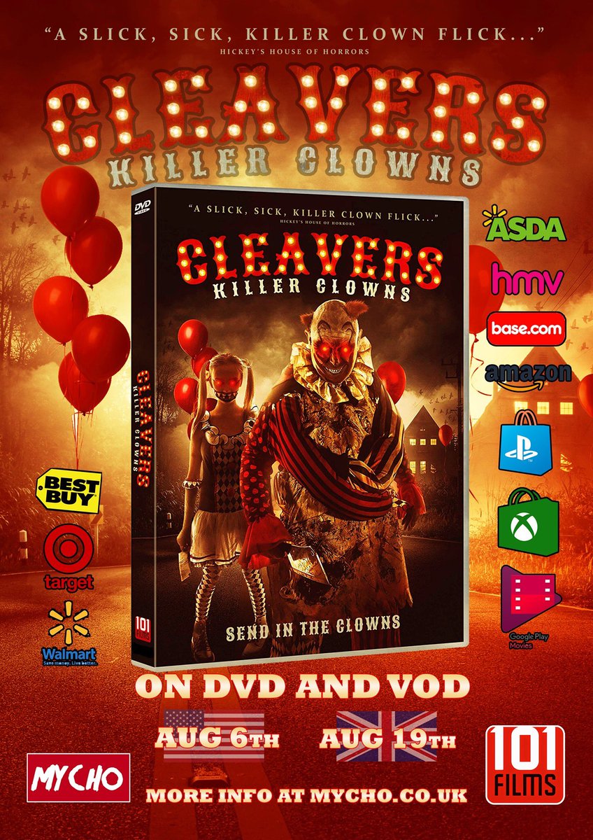 #CleaversKillerClowns available to buy on DVD in the UK today!

Grab a copy today in store at #Asda &amp; #HMV or online from <a href="/amazon/">Amazon</a>

Directed by @mjdixonmycho

Produced by <a href="/AnnaMycho/">Anna Dixon</a>

<a href="/CleaverMovie/">Cleaver Movie</a> #Cleaver #Clowns 
#SpreadtheHorror #ShareTheHorror #promotehorror #SupportIndieFilm