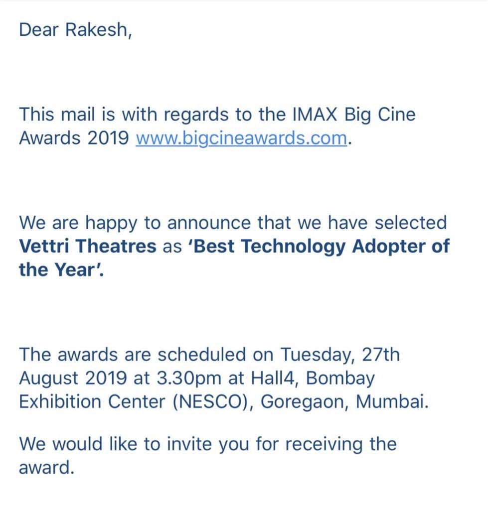 VettriTheatres's tweet photo. With all your love and support, it’s an honour and pride that #Vettri has WON the “Best Technology Adopter of the year” at the annual #BigCineAwards2019 for being the 1st cinema in INDIA to launch the Christie Real Laser Projector !!!

@ChristieDigital #TSR #RGBLaserInVettri https://t.co/795ExRpKWZ