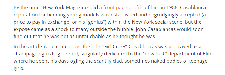 By the time “New York Magazine” did a front-page profile of him in 1988, Casablancas reputation for raping child models was established and openly embraced by the New York social scene.  #OpDeathEaters