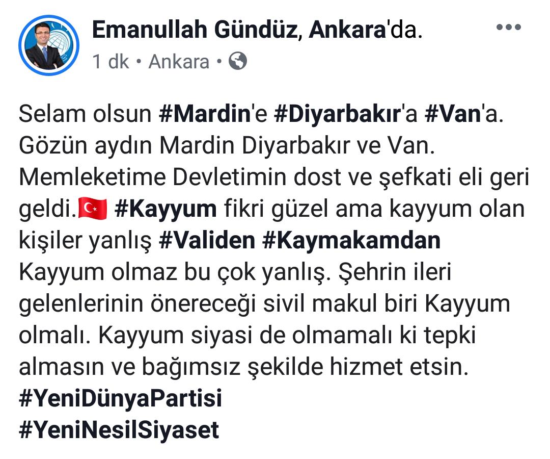 EmanullahGUNDUZ's tweet photo. Selam olsun #Mardin'e #Diyarbakır'a #Van'a. Gözün aydın Mardin Diyarbakır ve Van. Memleketime Devletimin dost ve şefkati eli geri geldi.🇹🇷 #Kayyum fikri güzel ama kayyum olan kişiler yanlış #Validen #Kaymakamdan Kayyum olmaz bu çok yanlış. 
#YeniDünyaPartisi
#YeniNesilSiyaset https://t.co/wYxxLUqD6E