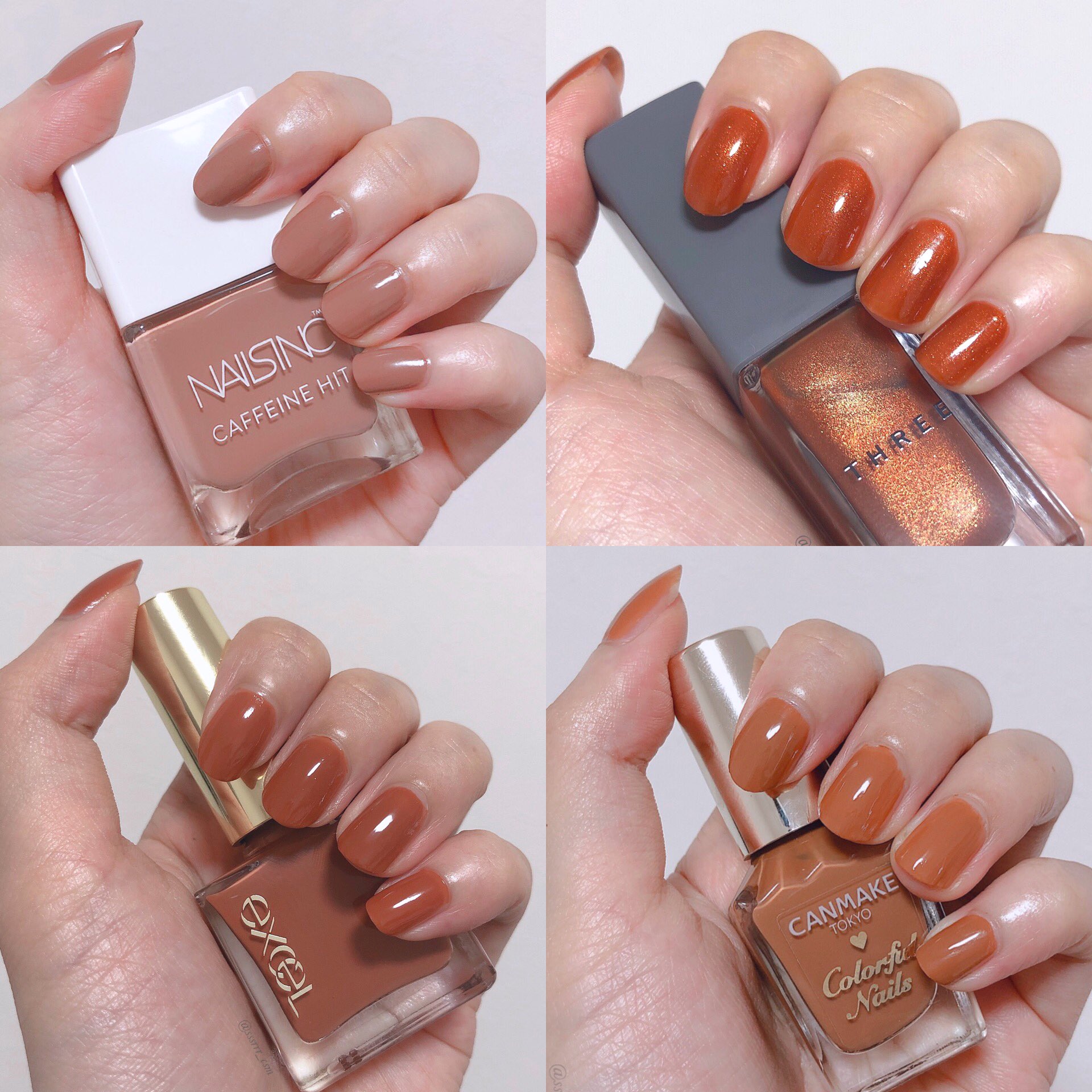 おいも Twitterren プチプラからデパコスまで 可愛すぎるブラウンネイル4選 Nailsinc チャイキス ブルベでも似合う ブラウン Three 94 琥珀カラーが最高に美しい エクセル Nl12 トップコート無しでちゅるんと可愛いオレンジブラウン キャン