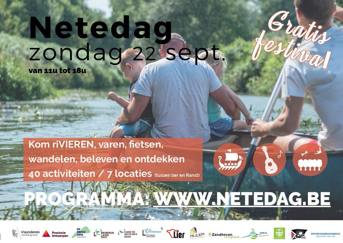 Sigmaplan's tweet photo. Kom op zondag 22 september naar de #Netedag: riVIEREN, varen, fietsen, wandelen, beleven en ontdekken! 40 activiteiten op 7 locaties. Ook de Sigmagebieden rond de Nete en de Kleine Nete worden in de kijker gezet. https://t.co/Vk0pnV9QHK @Vlaamsewaterweg https://t.co/MiEySKwXVQ