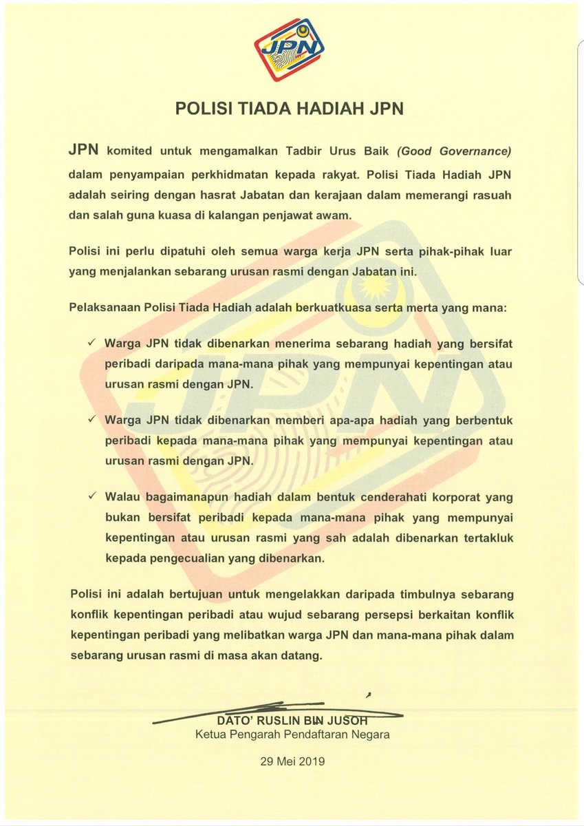 jpnm_penang's tweet photo. JPN Pulau Pinang mengamalkan polisi Anti Rasuah dan polisi Tiada Hadiah. Bersama membanteras RASUAH!

@jpnm_official 
@kpjpnm 
@chedetofficial https://t.co/WsKwXyyaY5