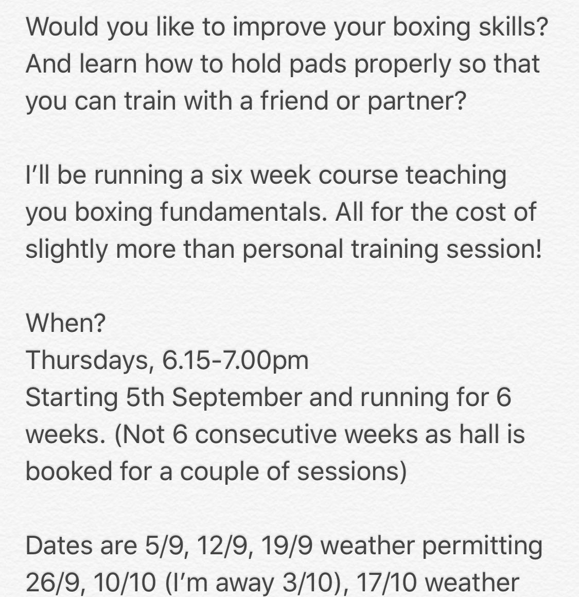 ChinnorKettles's tweet photo. Introduction to boxing and holding pads course starts September 5th. 7 spaces left.
6 week course, 6.15pm on Thursdays. £40 for the whole course. DM to book your place! https://t.co/XTMEJekycw