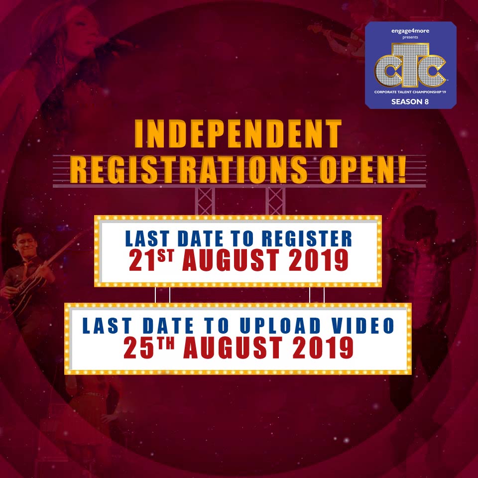 CTCstars's tweet photo. Don't miss out on this opportunity of a lifetime! 
Hurry up and register independently for #CTCSeason8 now: https://t.co/c39yFAClMY

Corporate Talent Championship, an initiative by engage4more™
#CTC #corporatetalent #Music #Dance #Singing #Acting #EmployeeEngagement #FunatWork https://t.co/1P561h9TAF