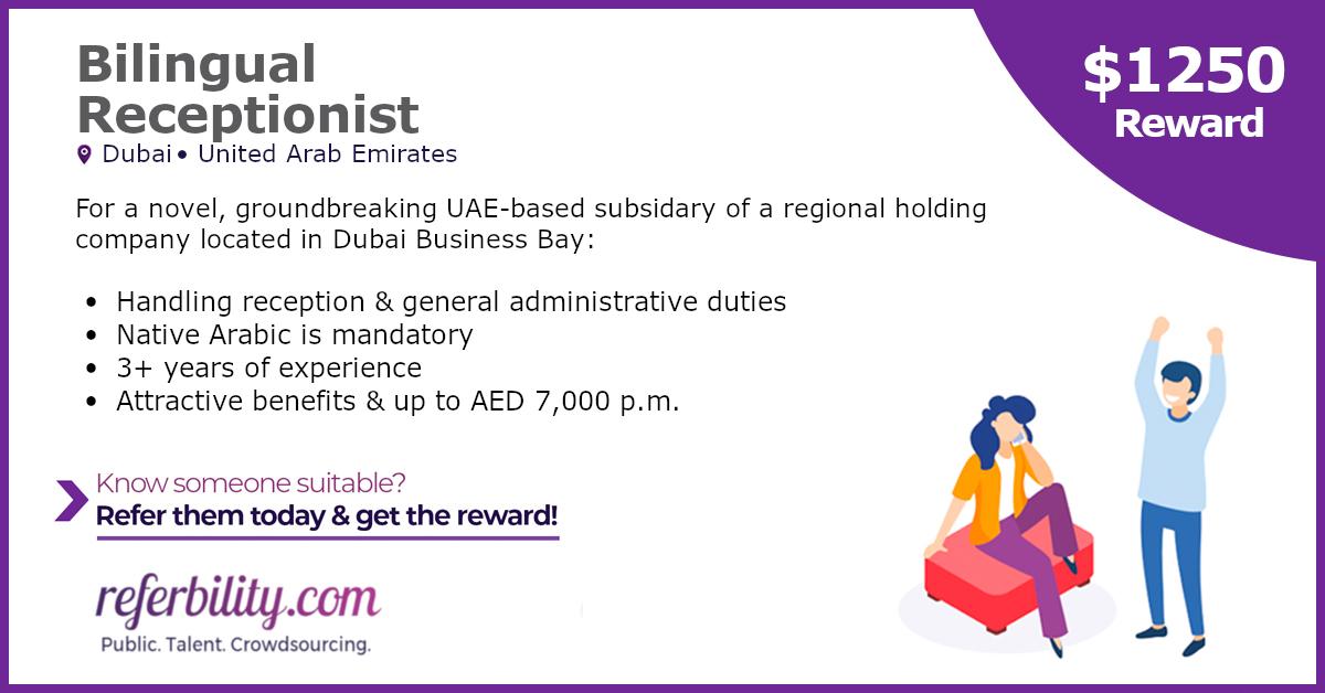 referbility's tweet photo. Do you know an outstanding bilingual receptionist?
Refer them here >>> https://t.co/3Sseus1U1o

#receptionist #dubaijobs #uaejobs https://t.co/holvBWDXR4