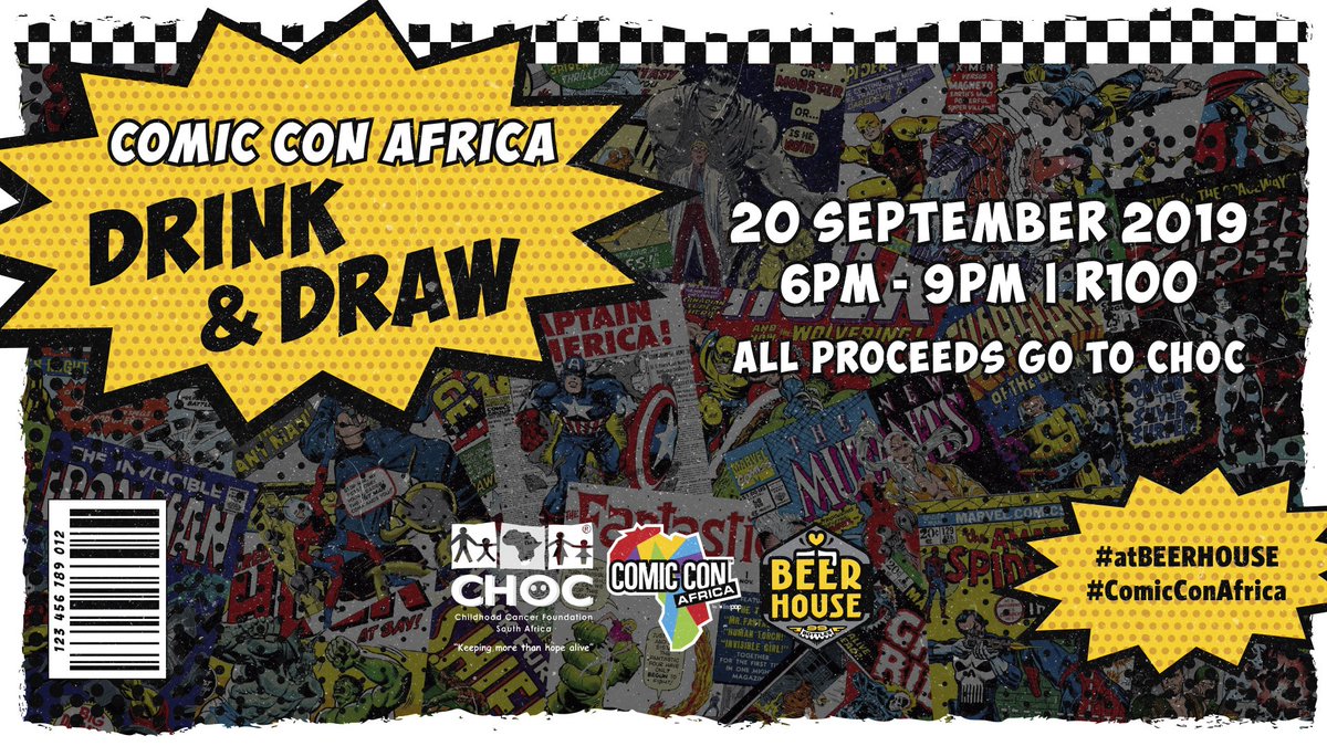 BEERHOUSE4ways's tweet photo. @ComicConAfrica and @BEERHOUSE4ways bring you Drink &amp; Draw!

What: R100 gets you an Official coaster that will be drawn on by our epic list of well known Comic Artists and 2 Beers (All proceeds go to CHOC)
When: 20 September 2019
Time: 18:00 – 21:00

#ComicConAfrica #atBEERHOUSE https://t.co/GB4cN41SjK