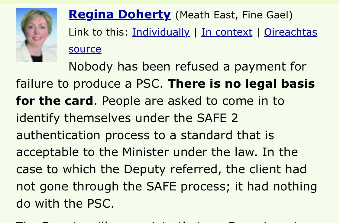 In March 2018, Shane Ross said he’d got a verbal briefing from the AG on the PSC legal basis. He stopped the RSA from requiring it as a result.In February 2018, Regina Doherty told the Dáil “There is no legal basis for the card”Who else knew, and when? https://www.kildarestreet.com/debates/?id=2018-02-20a.368#g371