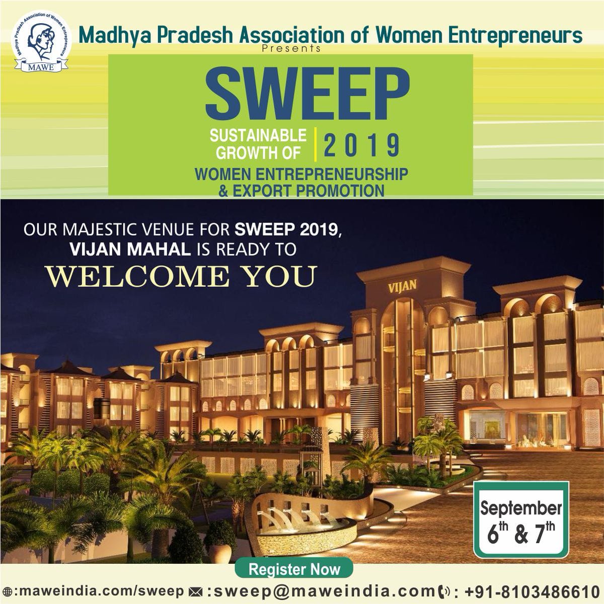 IndiaMawe's tweet photo. Presenting our venue the Majestic Vijhan Mahal for SWEEP 2019!🏛
Madhya Pradesh Association  of Women presents SWEEP 2019 for all the Women Entrepreneurs out there!
Register today and become a part of this huge event.😃 #registernow #india #womenempowerment #mondaythoughts https://t.co/LJM07GRNL6