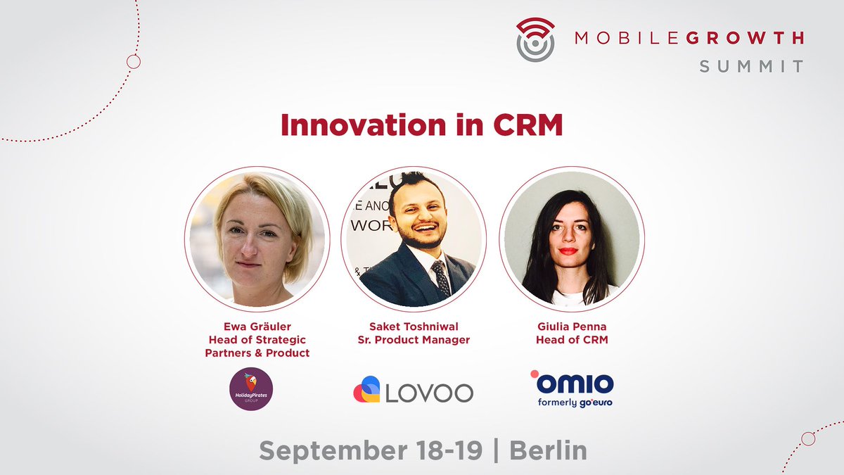 MobileGrowthMGA's tweet photo. Panel with @ewa_84 @holidaypirates , @SaketToshniwal  @lovoo  , #ElsaMassoudi @OmioGlobal about Innovation in CRM 18th Sept in #Berlin for #MGSEurope https://t.co/o8VDptX10S https://t.co/FNFBOiP01L