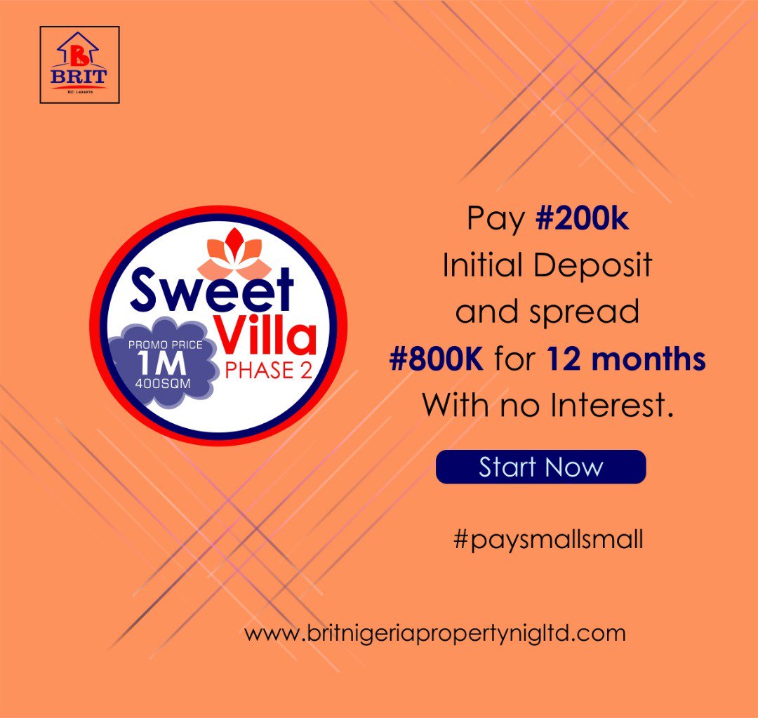 TrafficChiefNG's tweet photo. @BritPropertyng's Sweet Villa Phase 2 is on PROMO!

Price: N1m/400sqm

You can even #paysmallsmall - Pay N200k initial deposit &amp; spread N800k for 12 months with no interest!

Check out their website: https://t.co/UXUavp5LrK @ihesiulobright #landforsale #lekkismartcity https://t.co/qE9jjXJsol