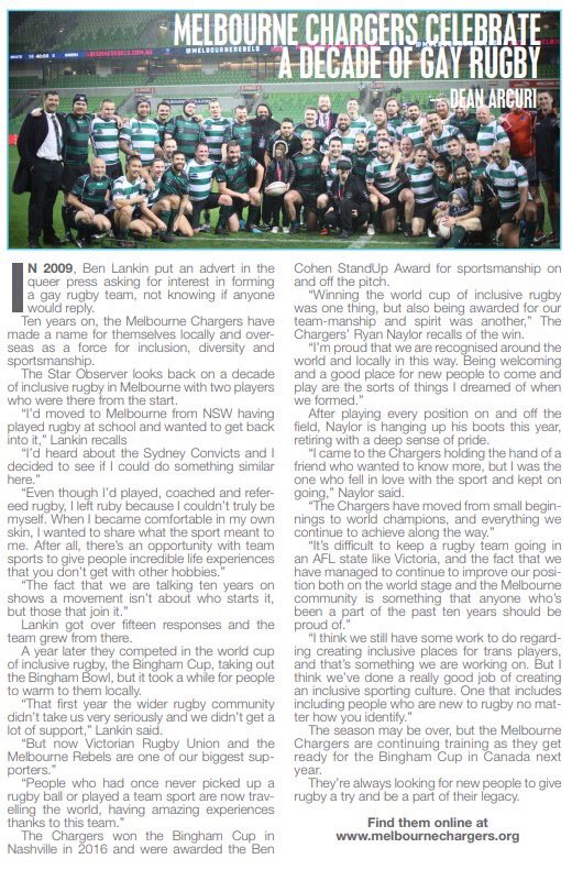deanarcuri's tweet photo. ‘a movement isn’t about who starts it, but those that join it’
This month the @MelbChargers celebrate 10 years of inclusive rugby. I spoke with 2 players who were there from the beginning in the latest @star_observer - out now. https://t.co/llWQ57961v