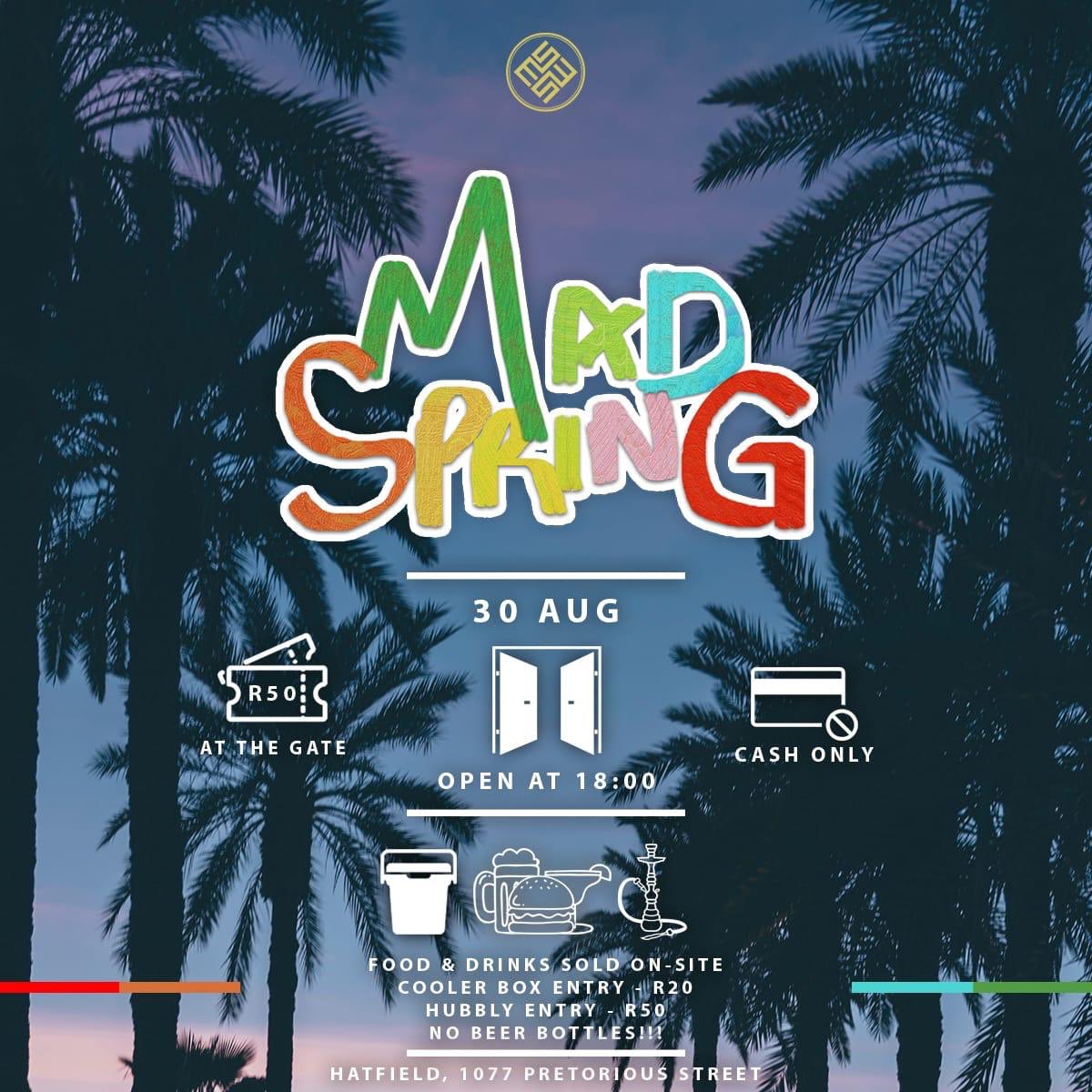 CallmeSubxero's tweet photo. 🥳🥳🥳 it’s almost about that time baby 😁😁 THE SECOND ANNUAL MAD SPRING IS UPON US😭 🍍🥳🧪  

Venue : 1077 Pretorius Street 
Time : 18:00 till late 
Date: Friday August 30th
Damage : R50 gets you in 

Bring your coolers 😁. Drinks &amp; Food will be sold inside 😊 #MadSpring2K19 https://t.co/BvasmHhbCq