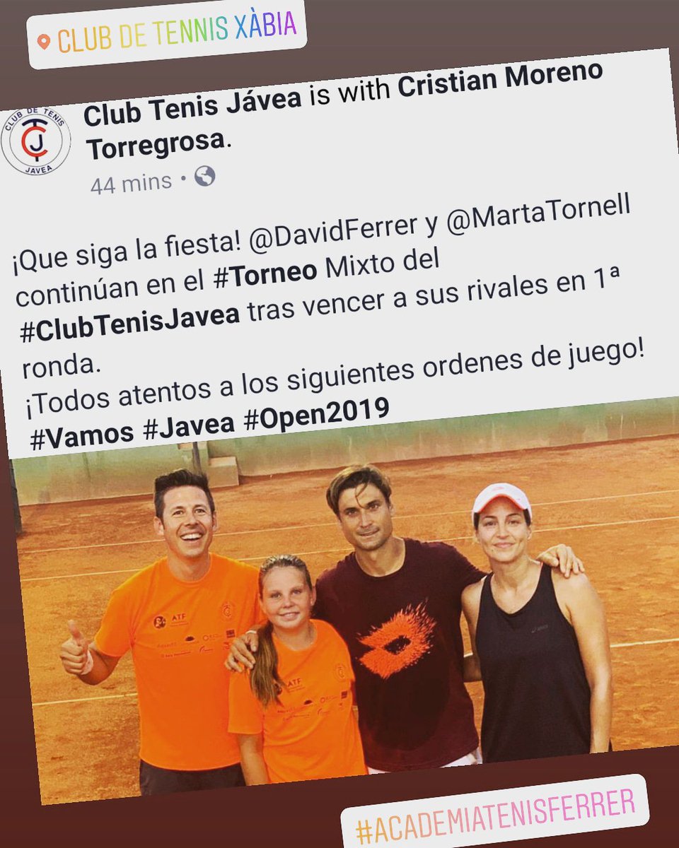 crisbmt's tweet photo. ¡Que siga la fiesta! @DavidFerrer87 y #MartaTornell 💪🏼 continúan en el #Torneo Mixto del #ClubTenisJavea tras vencer a sus rivales en 1ª ronda. 👏🏼👏🏼🎾
¡Todos atentos a los siguientes ordenes de juego! #Vamos #Javea #Open2019 https://t.co/waftXqVmdw
