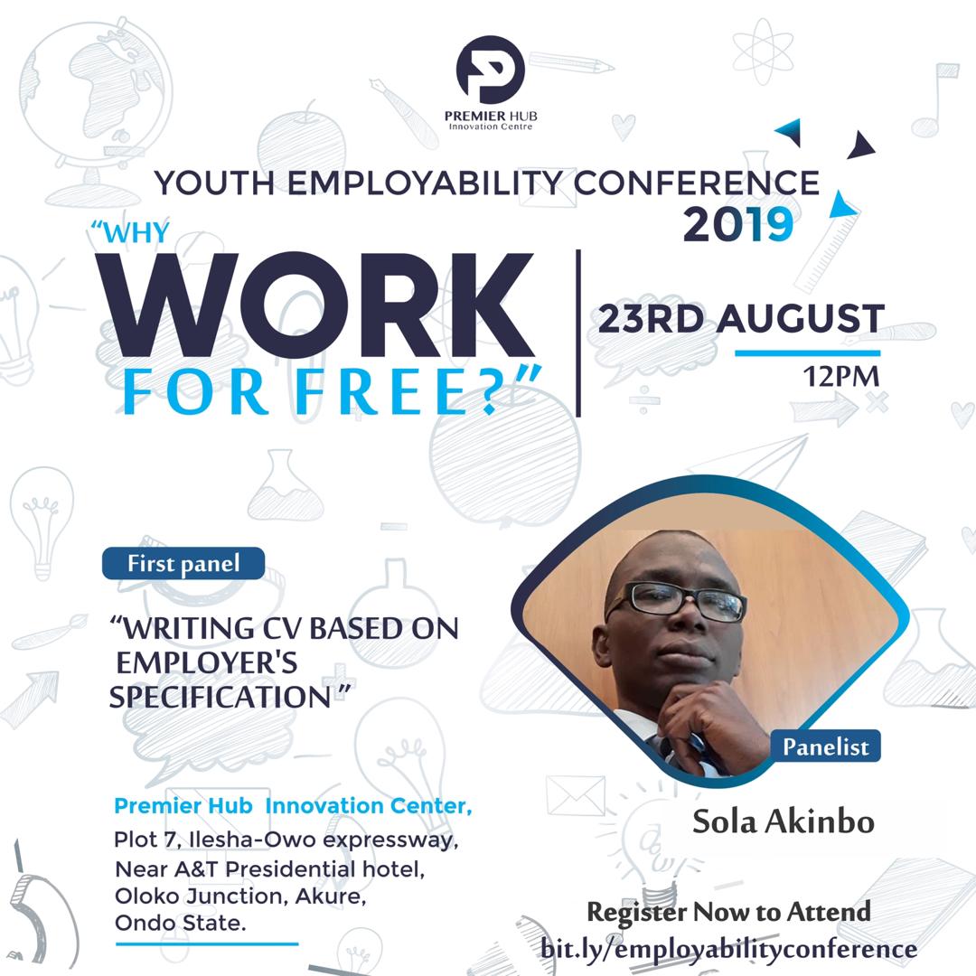 sola_akinbo's tweet photo. Hello,
If you are in Akure and its environs, join me and other panelists on Friday 23 August, 2019 at the Employability Conference organised by Premier Hub.
#PremierHub #EmployabilityConference #Akure https://t.co/Nf2GkxCywS