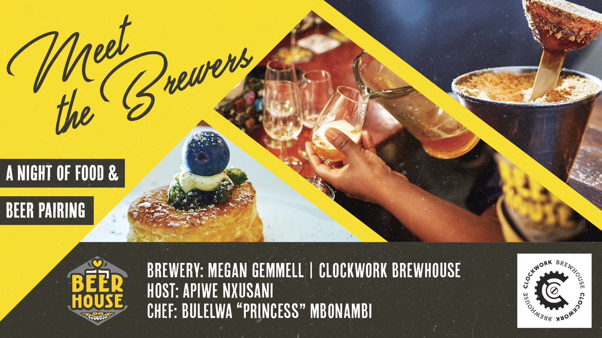Join us at Beerhouse Fourways for a very special Meet The Brewers event with <a href="/ClockworkBrewH/">Clockwork Brewhouse</a> and <a href="/thebrewsterZA/">Apiwe Nxusani-Mawela</a>

When: Wednesday, 25th September
Time: 7pm 
Tickets: R200 early bird 
R220 normal ticket 
Ticket Link: qkt.io/avib3G
5 x beer &amp; food pairing

#atBEERHOUSE