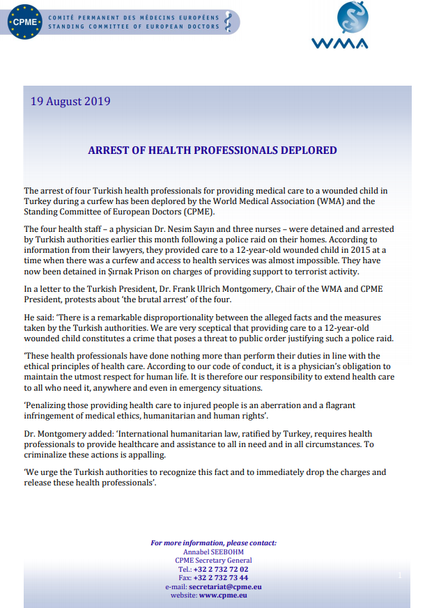 CPME_EUROPA's tweet photo. The arrest of four Turkish health professionals for providing medical care to a wounded child in Turkey during a curfew has been deplored WMA and CPME. We urge the Turkish authorities to immediately drop the charges and release these health professionals’ #supportTMA https://t.co/PB8BKSD4d2