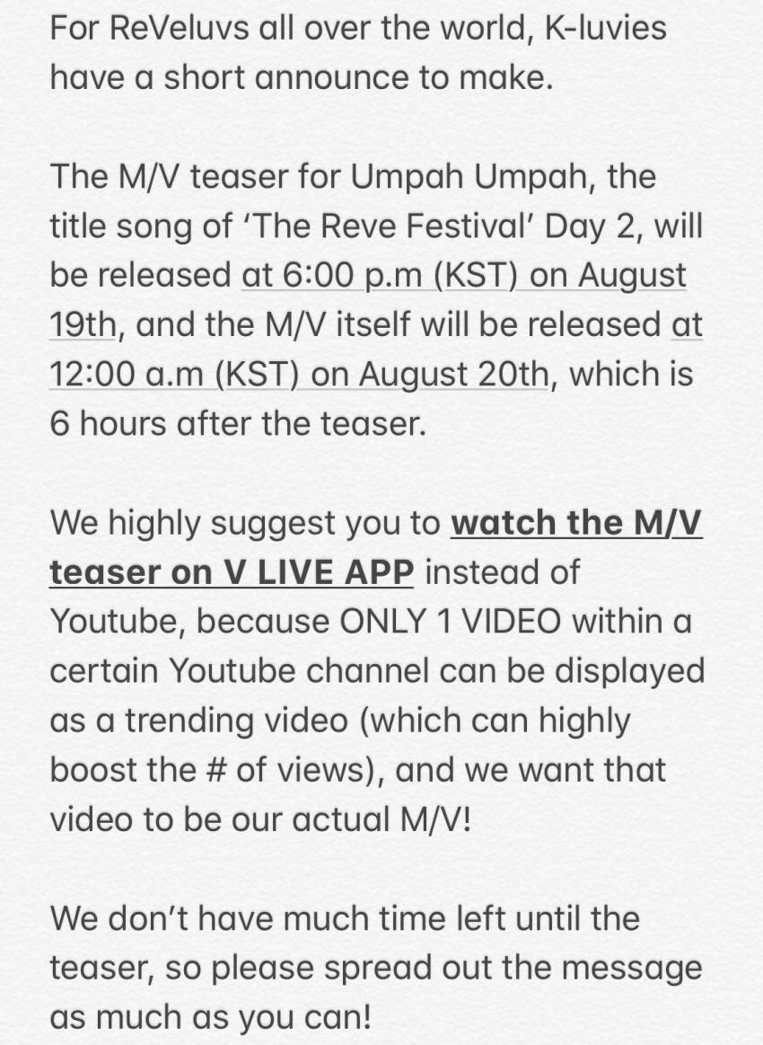 SEULGI__TH's tweet photo. [📢] ประกาศจากลัฟวี่เกาเรื่องทีเซอร์ Umpah Umpah

วันนี้ 4 โมงเย็นอยากให้ทุกคนดูทีเซอร์เพลง Umpah Umpah จากทาง V LIVE แทน Youtube ค่ะ เนื่องจากจะมีเพียงวิดีโอตัวเดียวจากช่องของยูทูปที่ติดเทรนด์ได้ 

สำหรับทางช่อง Youtube ให้กลับมาดูตอนที่ MV ปล่อยเวลา 4 ทุ่มค่ะ https://t.co/zATNyfmUUl