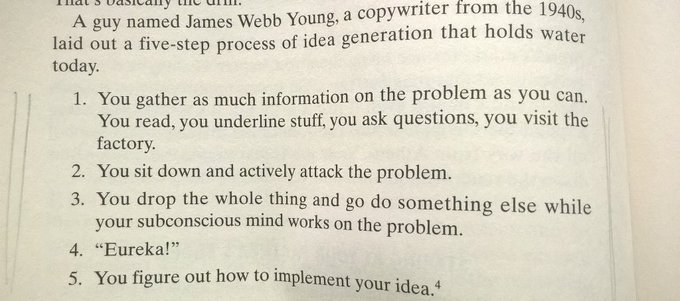 rshotton's tweet photo. James Webb Young's approach for idea generation from the 1940s is still hard to beat 

Via Hey Whipple Squeeze This https://t.co/ewVYfTr62l