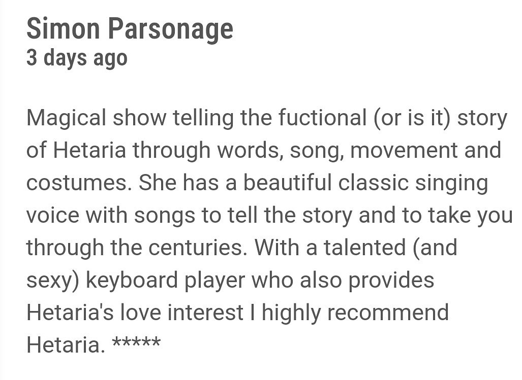 hetairathemyth's tweet photo. Did I mention that we got our first ⭐⭐⭐⭐⭐ review? From an audience member! And that's who matters most!
#edfringe19 #edfringe #makeyourfringe #womenoffringe #hetairathemyth #greensidefamily #edfringeopera #edfringequeer #fringefriends #feministfringe #femfringe https://t.co/VzuDqGB2xJ