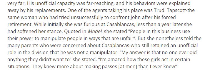 Trudi Tapscott initially furious at  #Casablancas, after receiving a promotion softened her stance on child rape. “My answer is that no one ever did anything they didn’t want to” "They knew more about making passes [at men] than I ever knew”  #OpDeathEaters