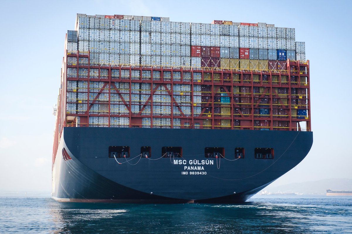 MSCCargo's tweet photo. Meet MSC Gülsün, the world’s largest container ship! The record-breaking energy efficient vessel has arrived in Europe after completing its landmark maiden voyage from the north of China. Read more: https://t.co/TwhUknbINM #MSCGulsun #bignews (📷 by @CarlosDuclos10) https://t.co/SQBQNHypxk