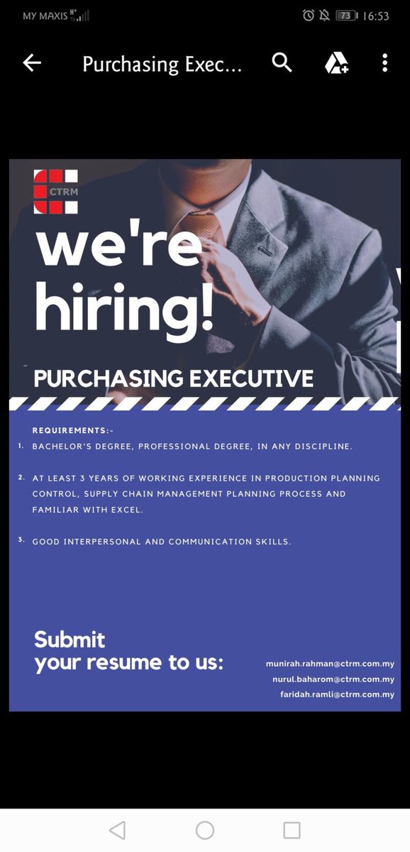 KakakResume's tweet photo. JOB VACANCY in CTRM 

Closing Date : 2nd September 2019

Position :
1. QMS Auditor
2. Commercial Executive
3. Quality Engineer
4. Purchasing Executive https://t.co/W578GsfTZk