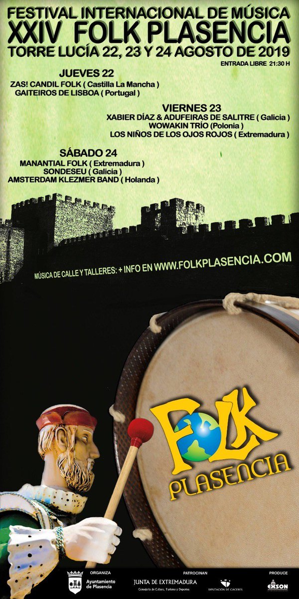 XXIV Festival Folk Plasencia 2019.

Los días 22, 23 y 24 se desarrollarán en #Plasencia conciertos y actividades dentro de la programación del Festival Internacional de música Folk.

Más información:
💻 plasenciadigital.com
💻 folkplasencia.com