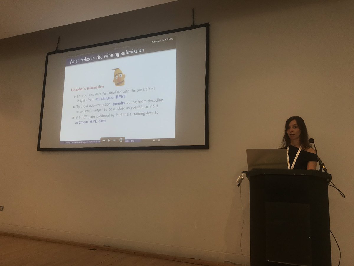 amin_farajian's tweet photo. Lucia Specia mentioning the best APE and QE systems of the world in her talk at the #humanAidedTranslation19 workshop.
#HAT19
#MTSummit2019 https://t.co/8FJQGyQP19