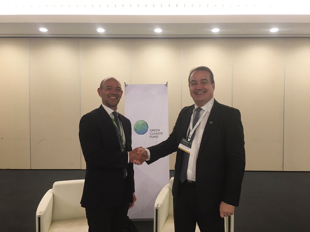 MattiaRomani1's tweet photo. Delighted to have caught up with @yannickglemarec for the @GCF_News programming meeting in #Songdo . As their largest partner, with over $800m committed, @EBRD is excited to continue to work with GCF to think together about new &amp; innovative products on #adaptation and #mitigation https://t.co/g6xLAQhpiO