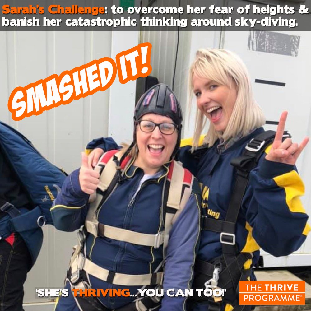 Sarah completed <a href="/thriveprogramme/">The Thrive Programme</a> earlier this year, overcoming her fear of heights. She has evidenced her transformation by doing a skydive today! She was a bit nervous but managed her thinking to keep calm, in control and excited! Well done Sarah! #loveyourlife #smashedit