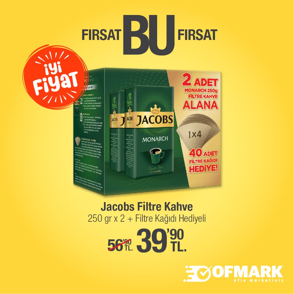 Mükemmel tadıyla Jacobs Monarch filtre kahve. 2 adet alana, 40 adet filtre kağıdı hediye. Jacobs Monarch çok iyi fiyatıyla Ofmark’ta

Sakın kaçırmayın! Link bio’da.

#ofmark #ofis #ofisihtiyaçları #ofismalzemeleri  
#kahve #filtekahve #jacobs #monarch #indirim  #fırsat #avantaj