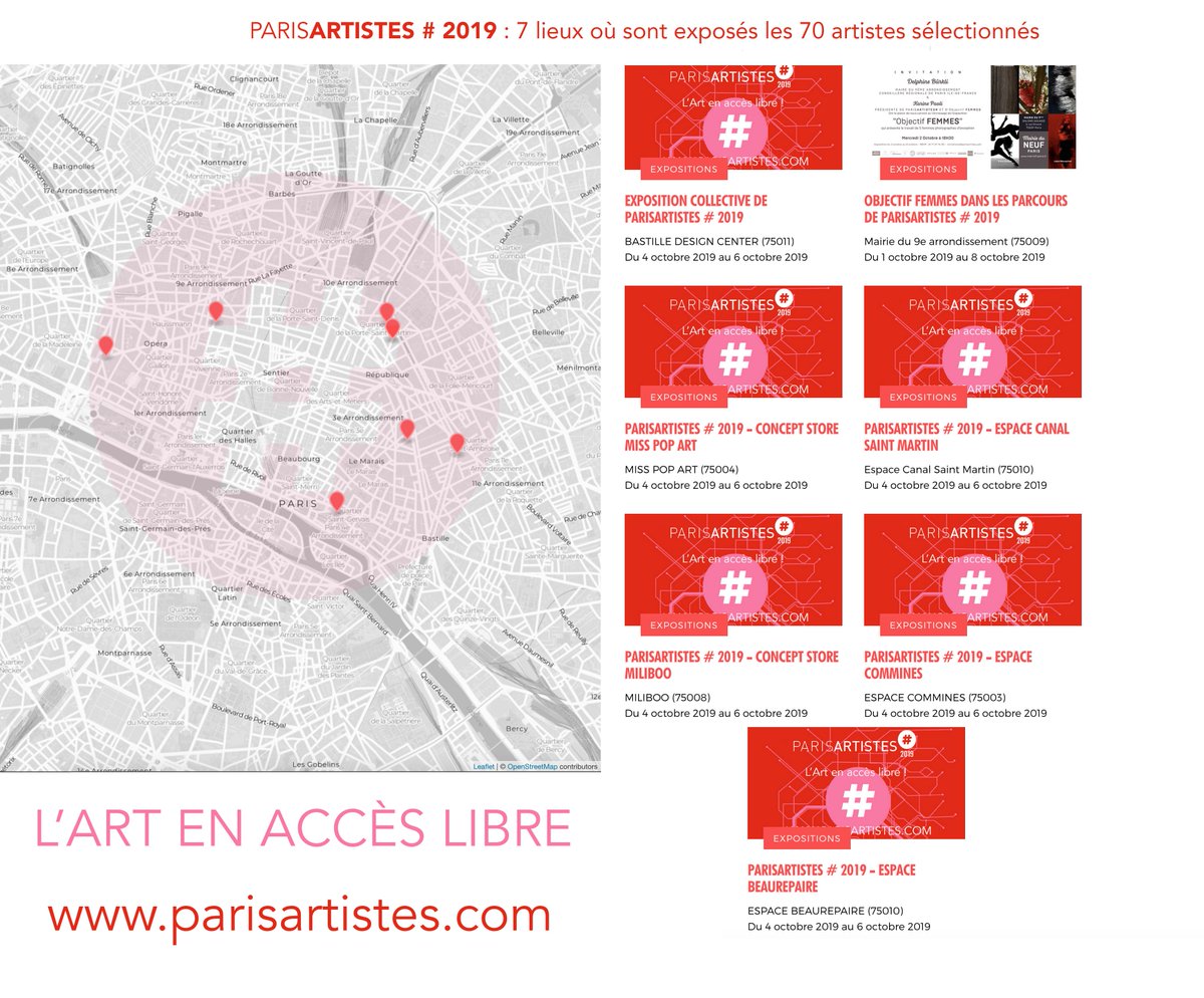 CPARISARTISTES's tweet photo. Mode d'emploi de PARISARTISTES 2019 :
1 - Venez à notre exposition collective (au Bastille Design Center 75011)
2 - Votez pour votre artiste coup de cœur,
3 - Allez le rencontrer, il vous attend dans les 6 lieux partenaires, (entrées gratuites)
4 - Collectionnez-le !
#Exposparis https://t.co/RGDE4ulTVE