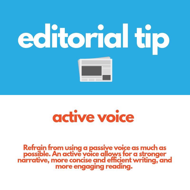StatePointMedia's tweet photo. Is your narrative using an active or passive voice? What messages are you sending your readers when using a passive voice? For a more engaged audience and commanding story, make sure to use an #activevoice.
#EditorialTip
#StatePointMedia #ContentMarketing #NewsReadersCanUse https://t.co/AjkJhzsoft