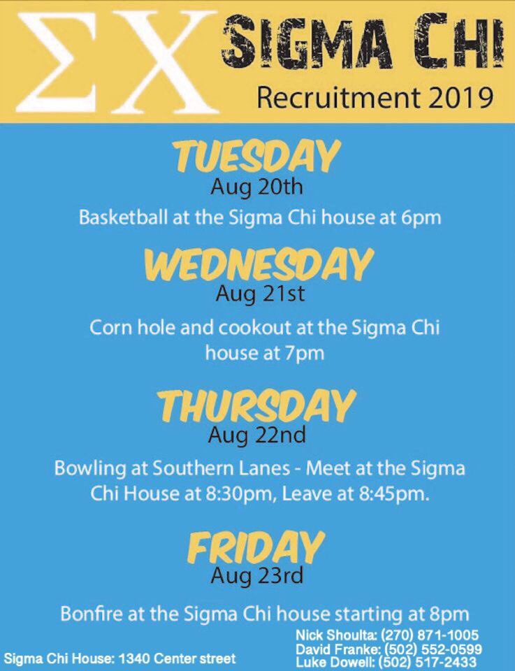 Interested in rushing this fall? Come out this week and meet some of the brothers at our Master Plan events. If you have any questions contact Nick Shoulta at 270-871-1005 or David Franke at 502-552-0599 #rushΣΧ