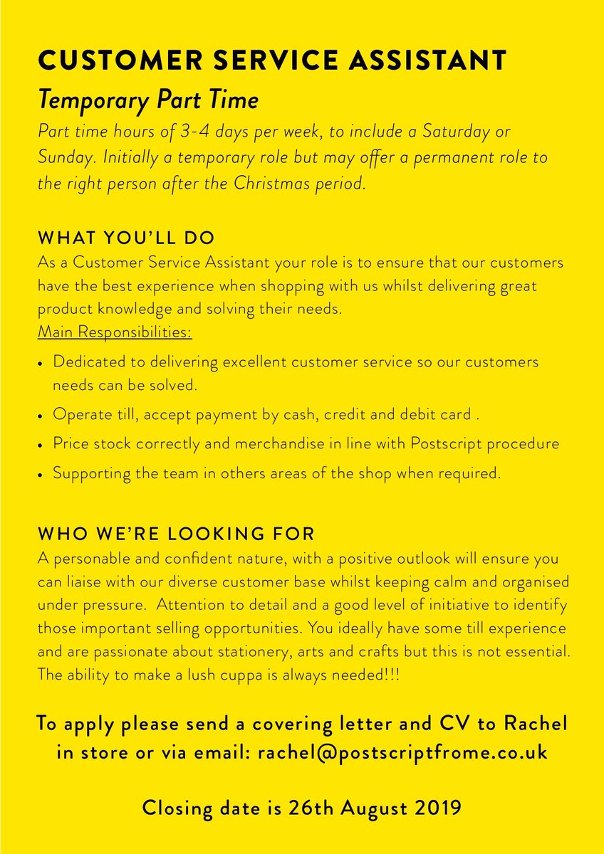 PostscriptFrome's tweet image. We're Hiring! We're on the lookout for new additions to our team, to apply please send your covering letter and CV to rachel in store or via email. (details on the pictures). #jobsearch #Jobs #NowHiring #JobOpening