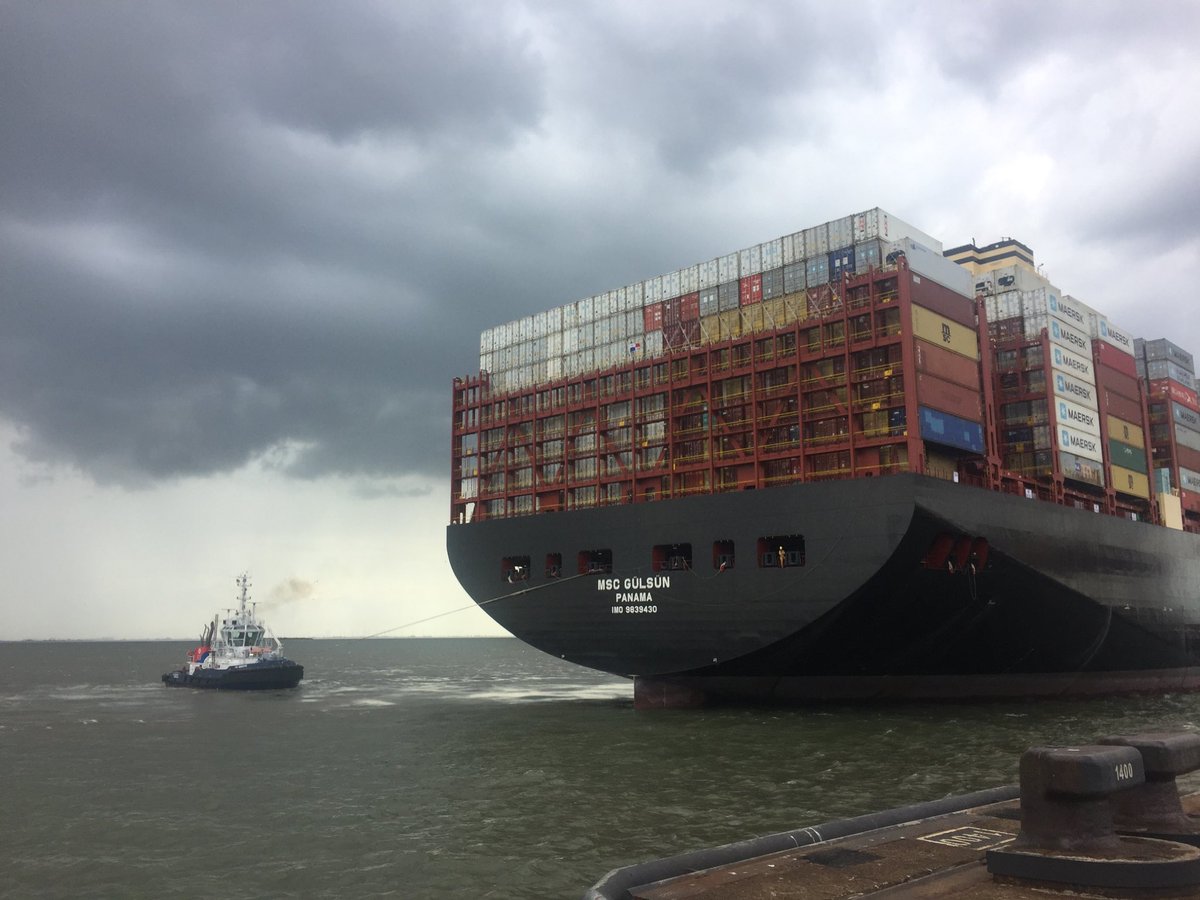 Immer zerren die Kleinen an einem herum! #MSCGülsün , derzeit weltgrößtes Containerschiff, in #Bremerhaven. #dpareporter ⁦@dpalni⁩