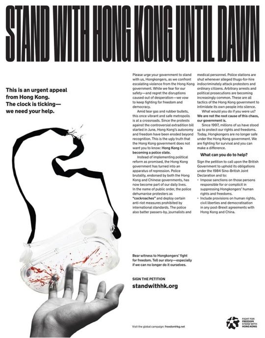 CINDIEMINDIE's tweet photo. An open letter from all Hong Kong protesters printed on 11 major newspapers across the globe. Please pick up a copy today, and spread the word to help us fight for the democracy that were promised to us.  @VivienneChow @Alston_Kwan @krislcd
#FreedomHK #StandwithHK #Globeconnect https://t.co/au1dWJUhLZ