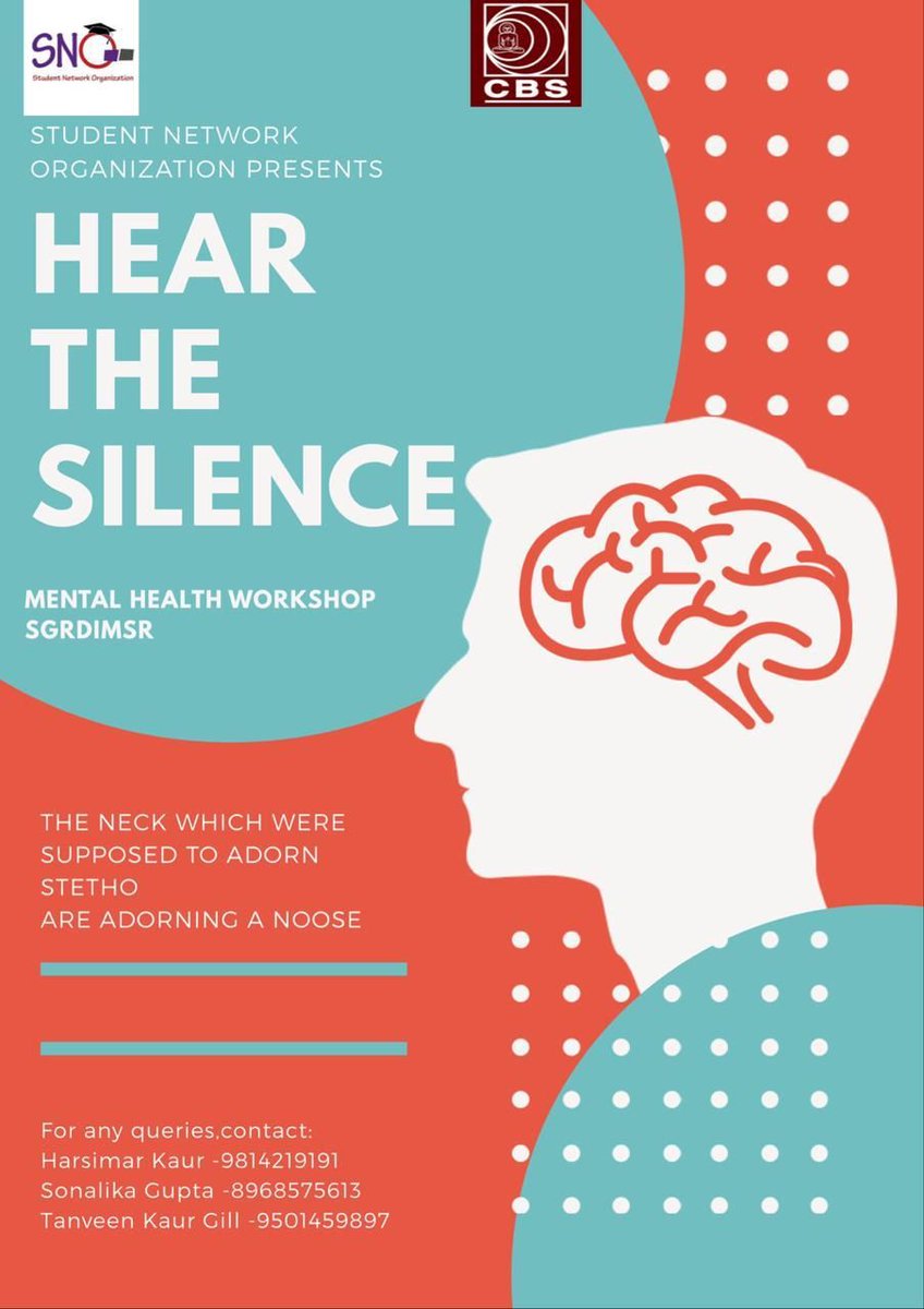 SNO_TUFH's tweet photo. SNO is organizing a mental health awareness workshop at SGRDIMSAR, Amritsar, Punjab on Tuesday, August 20th. 
Topics: mental illness in health care professionals and stigma related to it, substance abuse, stress and suicide prevention in Medicos. More info in the poster! https://t.co/v3CN7gr9lU