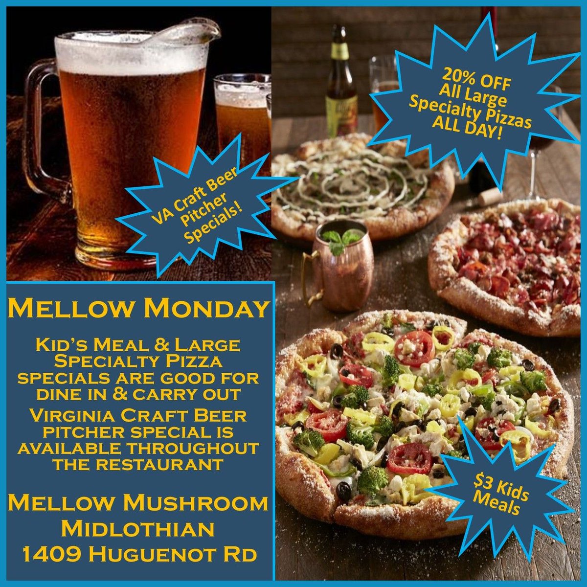mellowmidlo's tweet photo. Join us for Mellow Monday in #Midlothian
We have #specials the whole family can enjoy!
#GetMellow #Monday #Midlo #RVA https://t.co/e7lfjZY8Dp