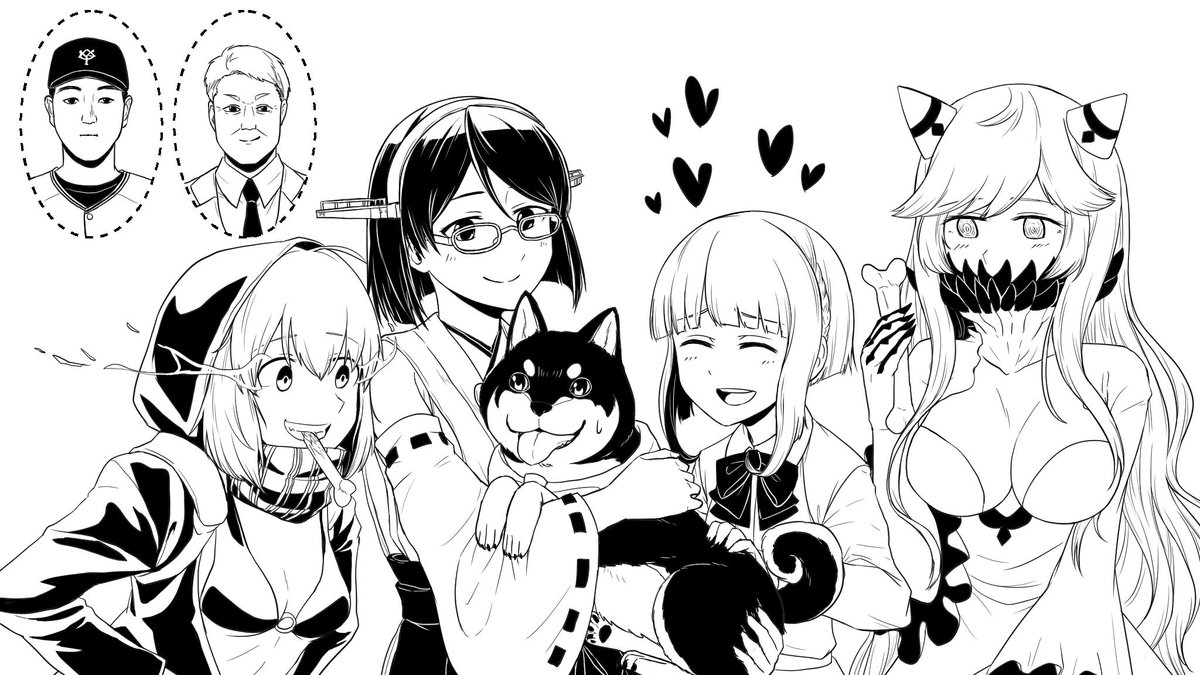 霧島に抱かれた黒井しばちゃんを撫でる高波と、撫でたそうにしている中間棲姫と、ガンを飛ばすレ級と、欠席した岡本和真選手と元木大介さんです。リクエストありがとうございました!
#フォロワーさんの推しが描きたい 