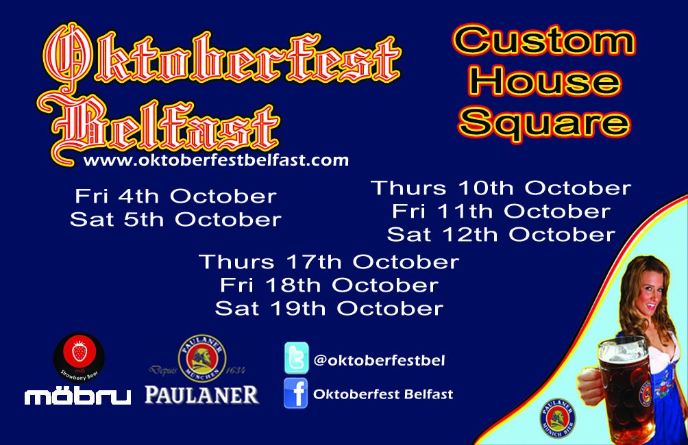 EARLY COMPETITION!!! To Celebrate Our Return To Belfast and Our New Home of Custom House Square
LIKE &amp; Retweet for a chance to win....
x8 Free entry
x8 VIP seat reservation
x8 Que Jump
x8 Oktoberfest hats
x8 Oktoberfest T-Shirts
Remember to tweet your friends to let them know too