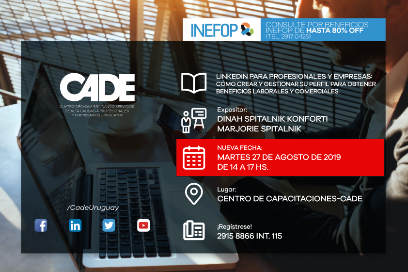 CadeUruguay's tweet photo. 📢📢📢NUEVA FECHA para el #CursoCADE: «LINKEDIN PARA PROFESIONALES Y EMPRESAS«..
Martes 27 de agosto de 14 a 17 hs.
https://t.co/zxMBrfsR53 https://t.co/4ND0gxGGOI